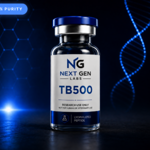 Next Gen Labs TB500 peptide vial with futuristic blue biotech laboratory background