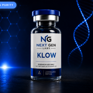 Next Gen Labs KLOW peptide vial with glowing blue DNA laboratory background