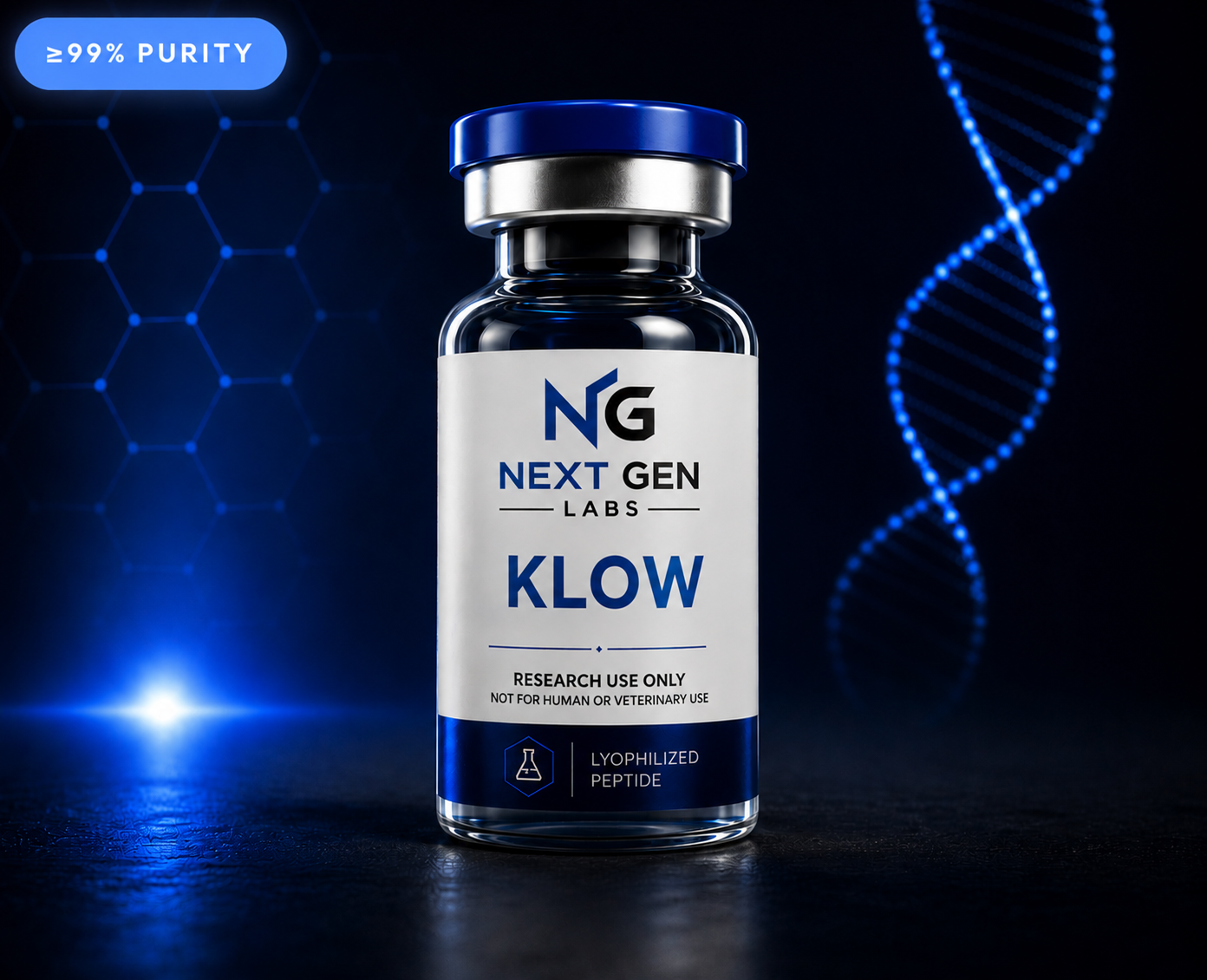 Next Gen Labs KLOW peptide vial with glowing blue DNA laboratory background