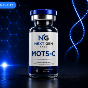 Next Gen Labs MOTS-C peptide vial with futuristic blue DNA laboratory background