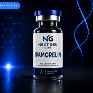 Next Gen Labs Ipamorelin peptide vial with futuristic blue DNA laboratory background