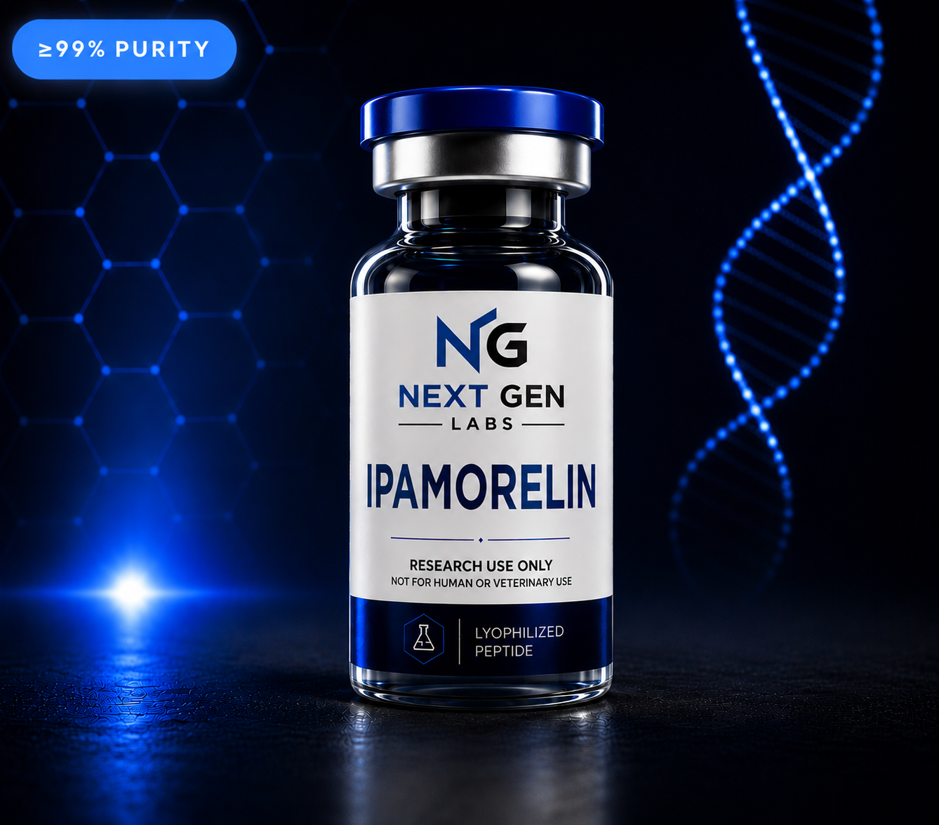 Next Gen Labs Ipamorelin peptide vial with futuristic blue DNA laboratory background
