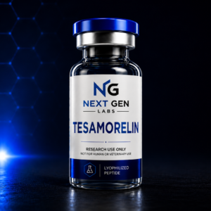 Next Gen Labs Tesamorelin peptide vial with futuristic blue laboratory background