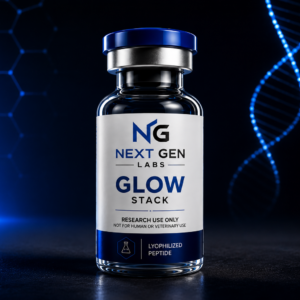 Next Gen Labs Glow Stack peptide vial with futuristic blue DNA laboratory background