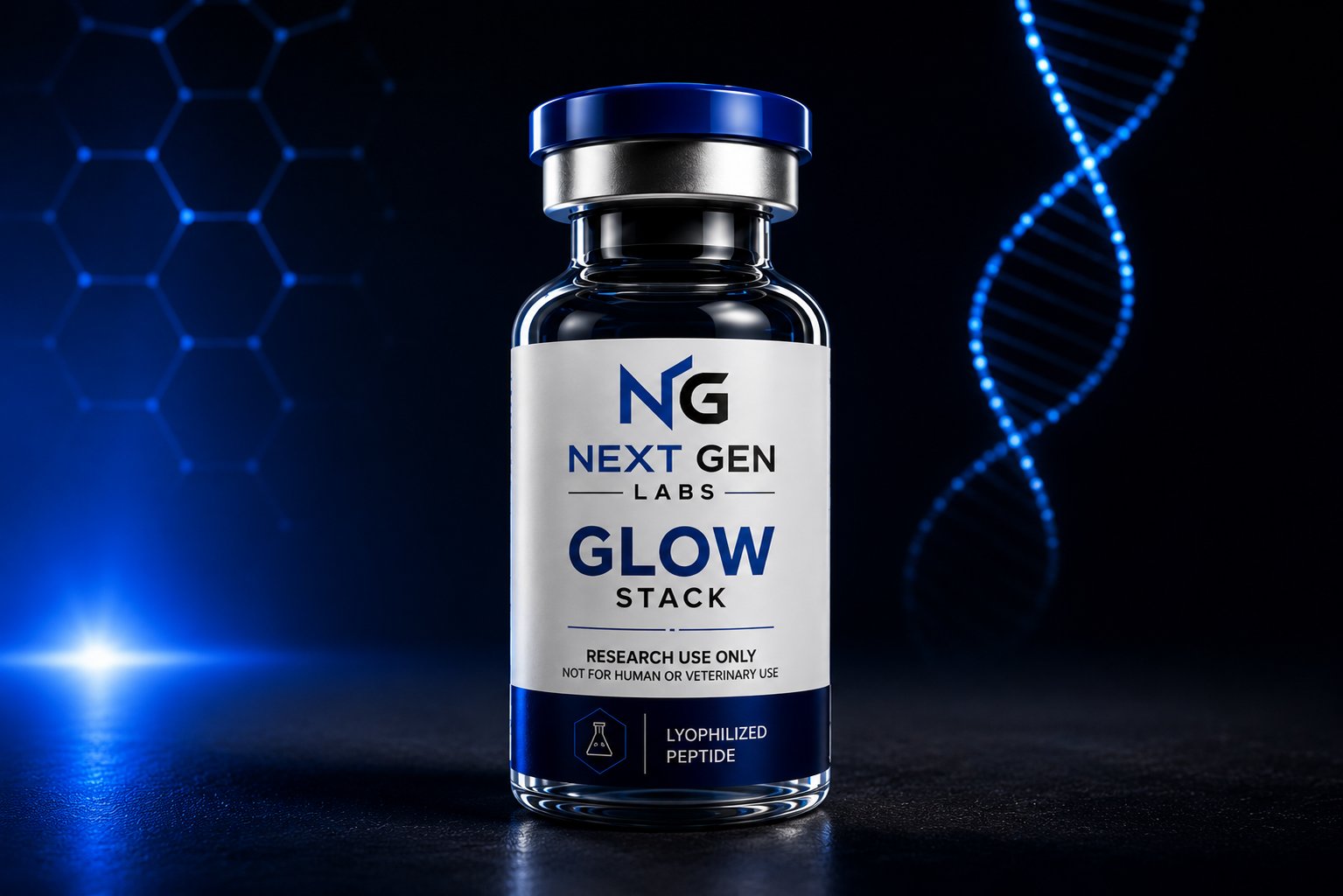 Next Gen Labs Glow Stack peptide vial with futuristic blue DNA laboratory background