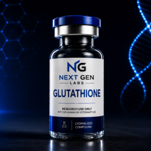 Next Gen Labs Glutathione compound vial with futuristic blue biotech laboratory background