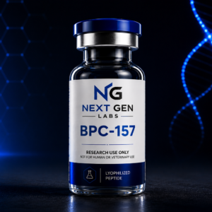 Next Gen Labs Glow Stack peptide vial with futuristic blue DNA laboratory background