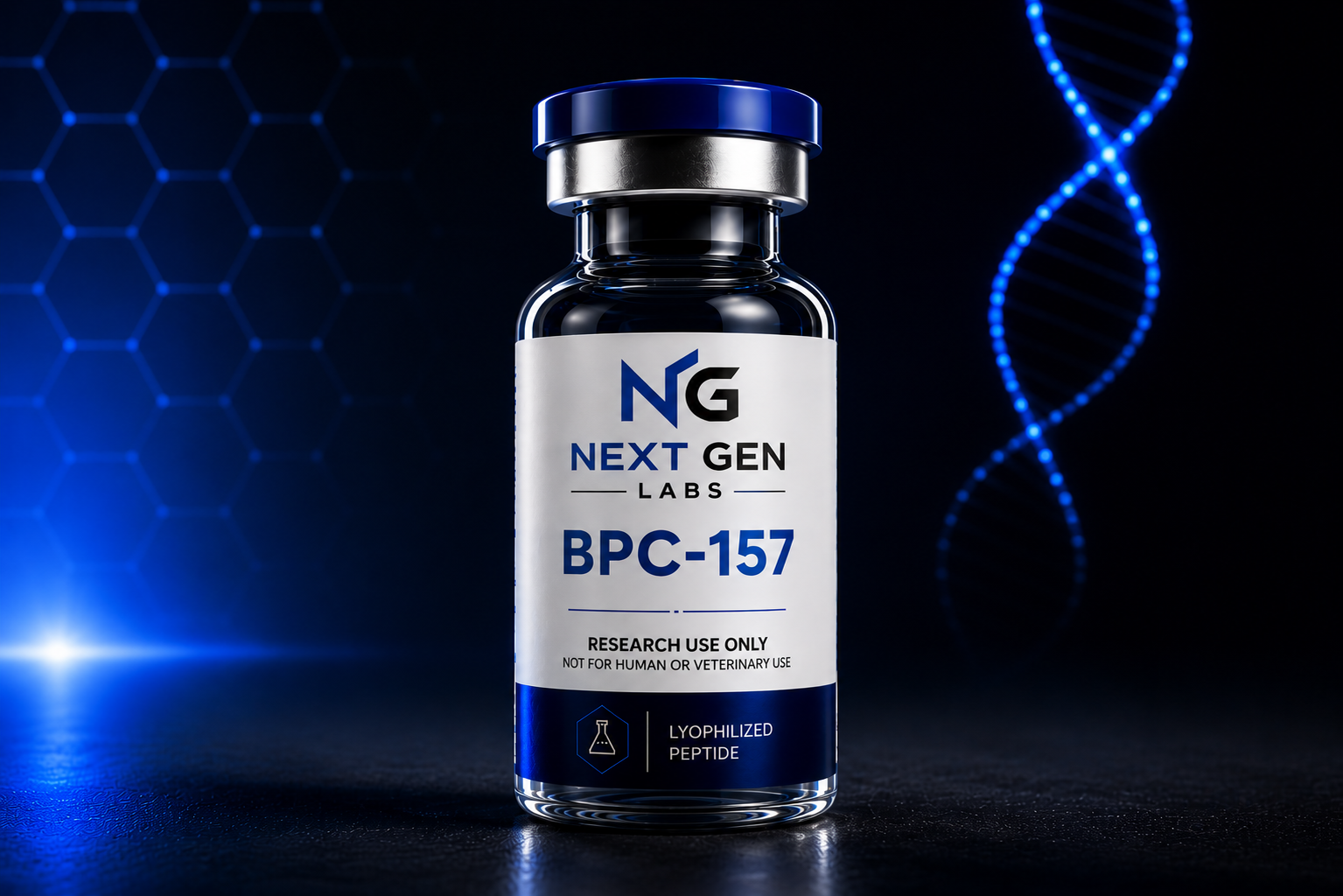 Next Gen Labs Glow Stack peptide vial with futuristic blue DNA laboratory background