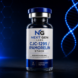 Next Gen Labs CJC-1295 Ipamorelin Stack peptide vial with futuristic blue DNA laboratory background
