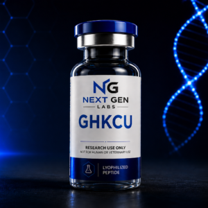 Next Gen Labs GHK-CU peptide vial with futuristic blue DNA laboratory background