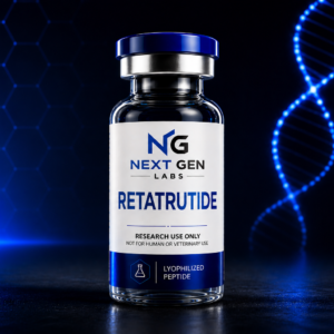 Next Gen Labs Retatrutide peptide vial with futuristic blue DNA laboratory background