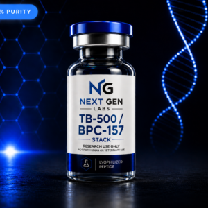 Premium TB-500 and BPC-157 peptide stack vial by NexGen Research Labs with futuristic blue scientific background and ≥99% purity badge