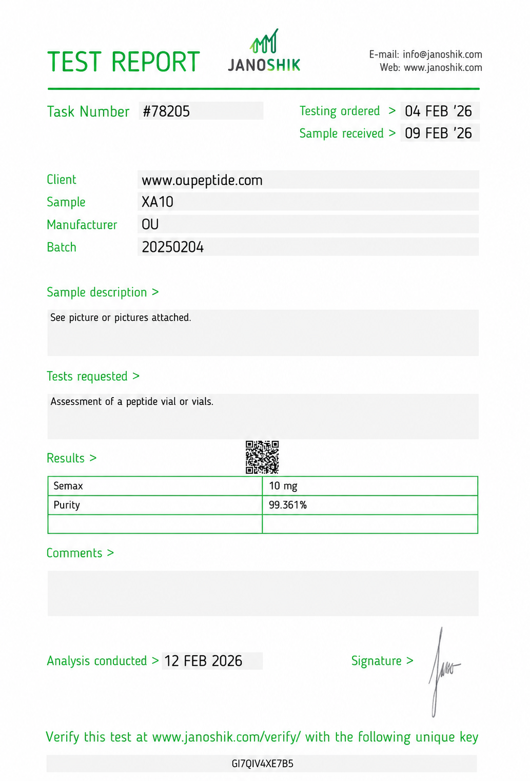Semax research peptide certificate of analysis