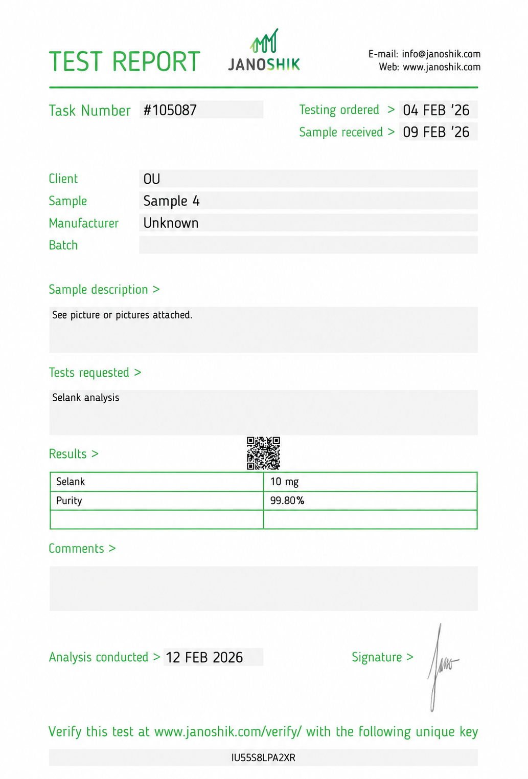 Selank research peptide certificate of analysis
