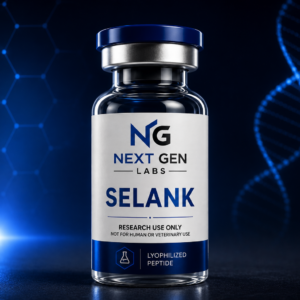Selank research peptide vial by Next Gen Labs with blue biotech laboratory background