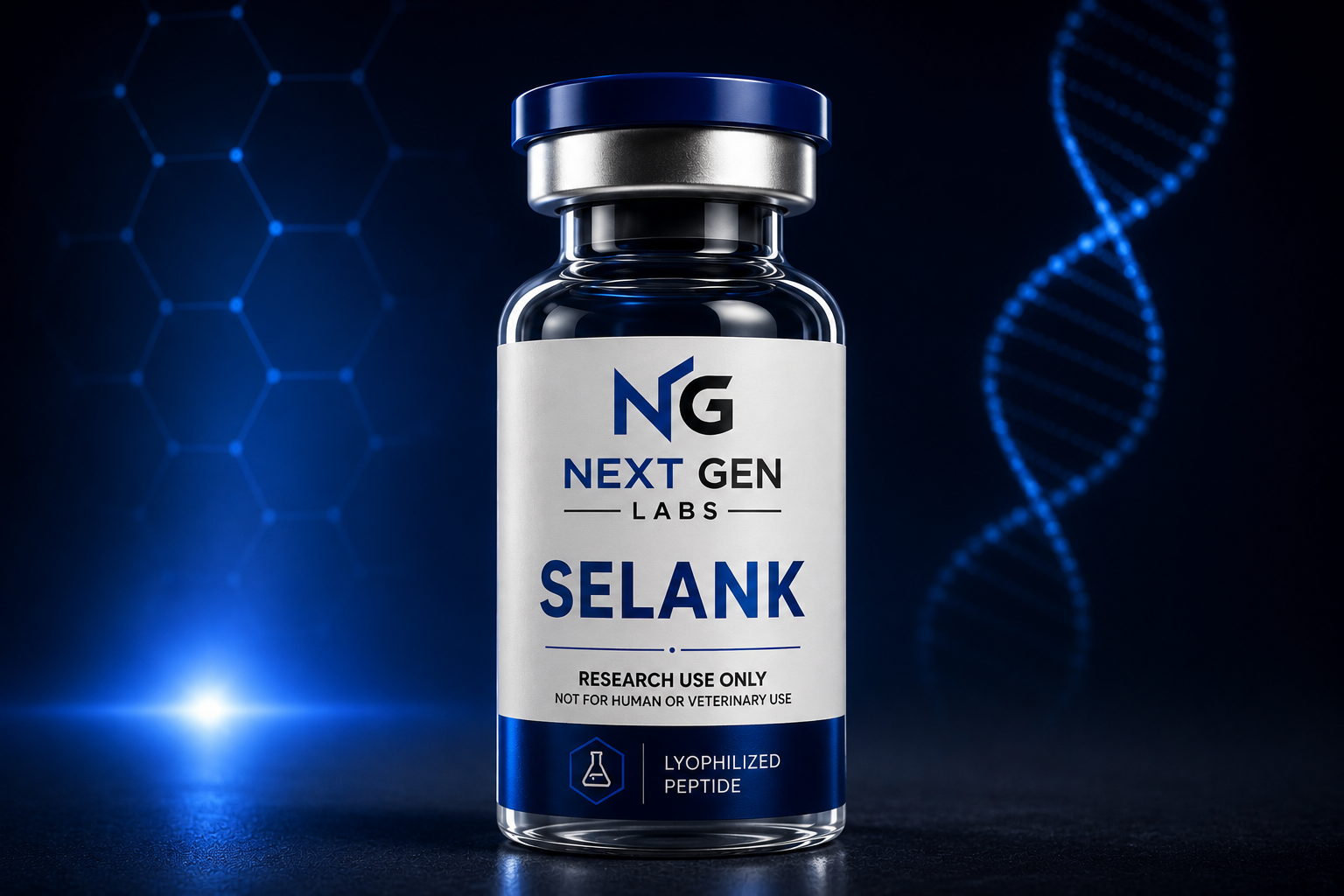 Selank research peptide vial by Next Gen Labs with blue biotech laboratory background