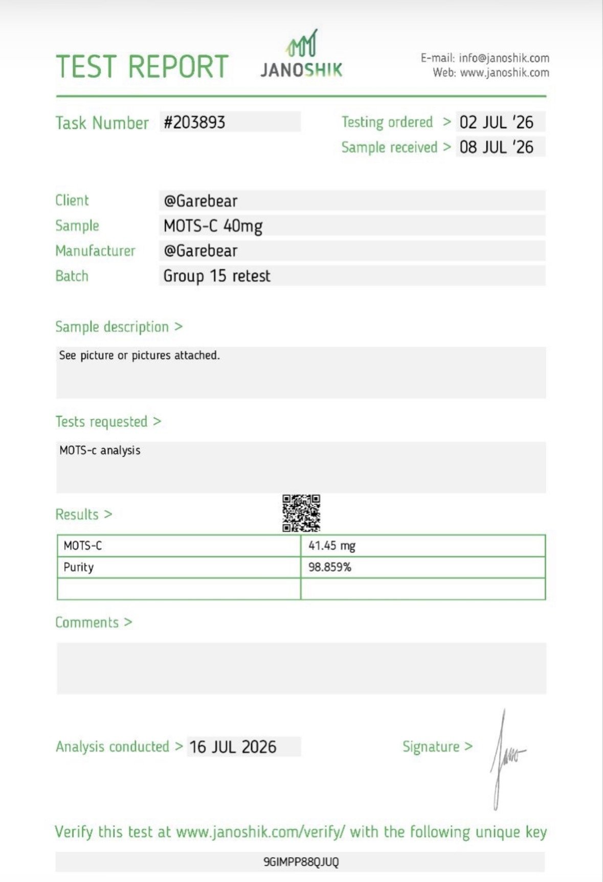 MOTS-C research peptide certificate of analysis