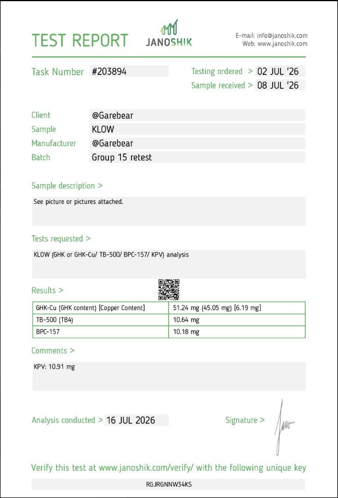 Klow Stack research peptide certificate of analysis